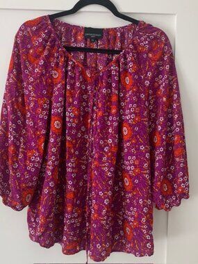 Cynthia Rowley Plus size 2X Purple Floral Blouse Boho Top | 3/4 Puffed Sleeves